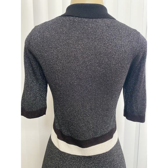 TED BAKER Dress Knit Metallic Silver Short Sleeve Striped Collared Shimmer 0 XS - Picture 5 of 8